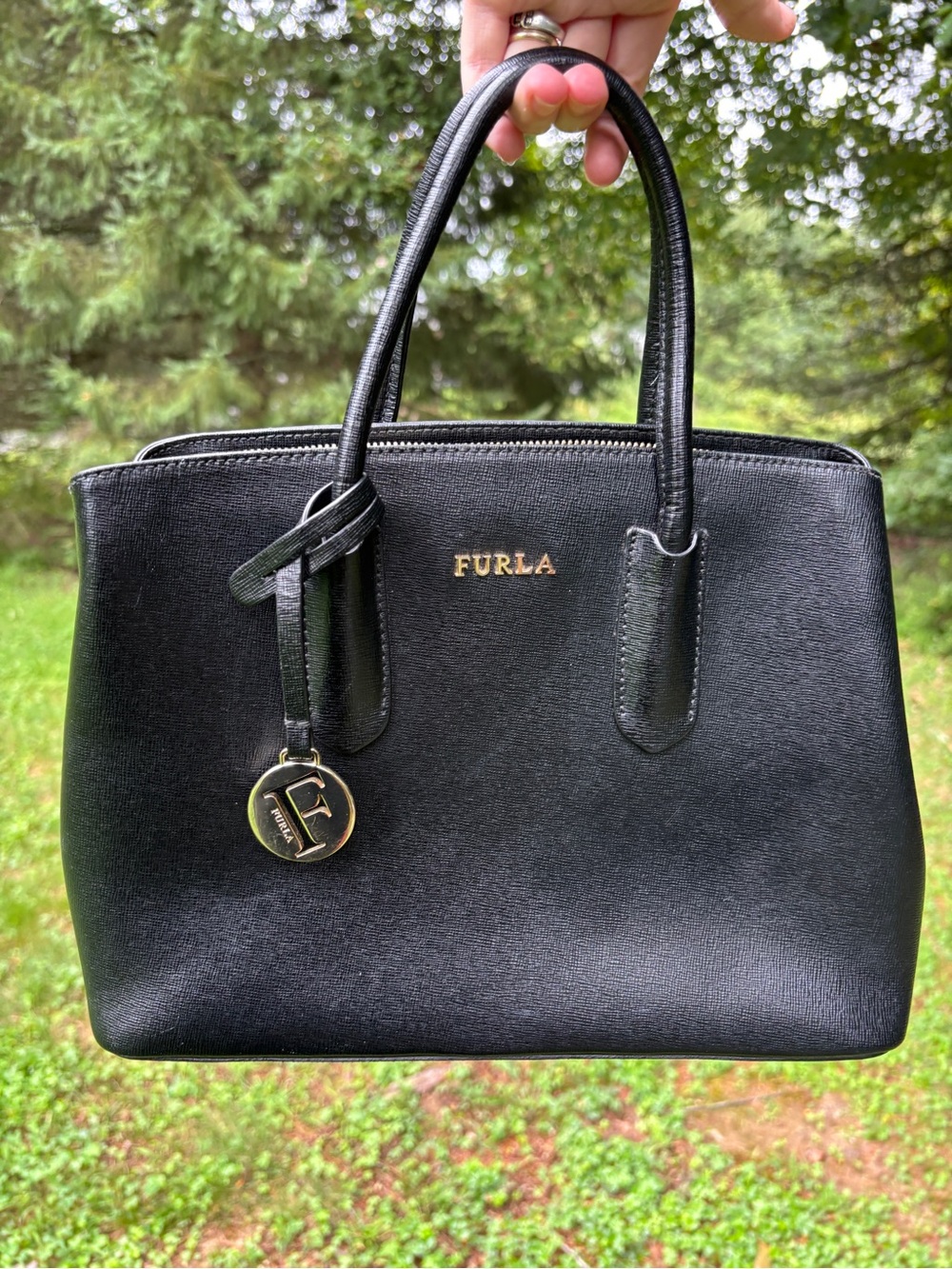 Furla Black Saffiano Leather Satchel with Gold Charm